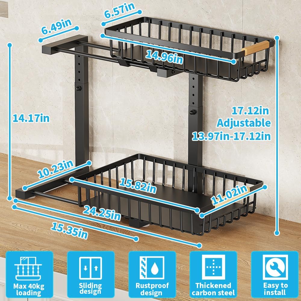 Under Sink Organizer, 2 Tier Metal Under Sink Organizers and Storage, 2 Pack Height Adjustable Slide out Pull out Cabinet Organizer Shelf for Kitchen Bathroom Pantry Cabinet