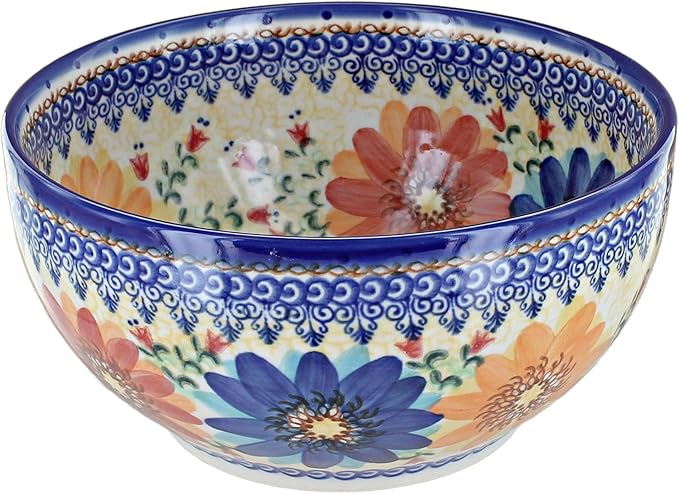 Blue Rose Polish Pottery - Orange Autumn Burst Medium Mixing Bowl - 6 Cup Capacity - Polish Pottery Ceramic Bowl for Baking, Mixing & Serving
