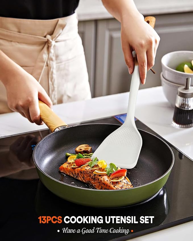 Kitchen Utensils Set, 13PCS Silicone Cooking Utensils, Heat Resistant Kitchen Utensil Spatula Set for Nonstick Cookware, Wooden Handles Kitchen Gadgets Tools Set