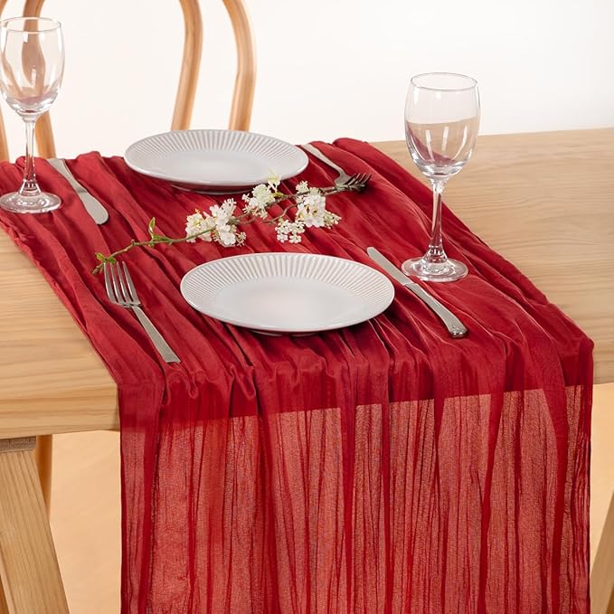 MLMC Red Table Runner 10ft Boho Gauze Cheesecloth Table Runner Rustic Cheese Cloth Decor 35x120 Inches for Wedding Reception Home Winter Christmas Valentine's Day Decor