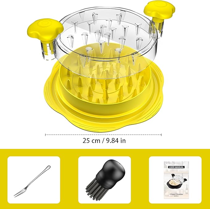 Chicken Shredder Large Chicken Breast Shredder Tool Twist with Brush&Fork, Visible Meat Shredder Machine, Anti-Slip Strip, Ergonomic Handle, BPA Free, Suitable for Pork Beef Chicken(Yellow)