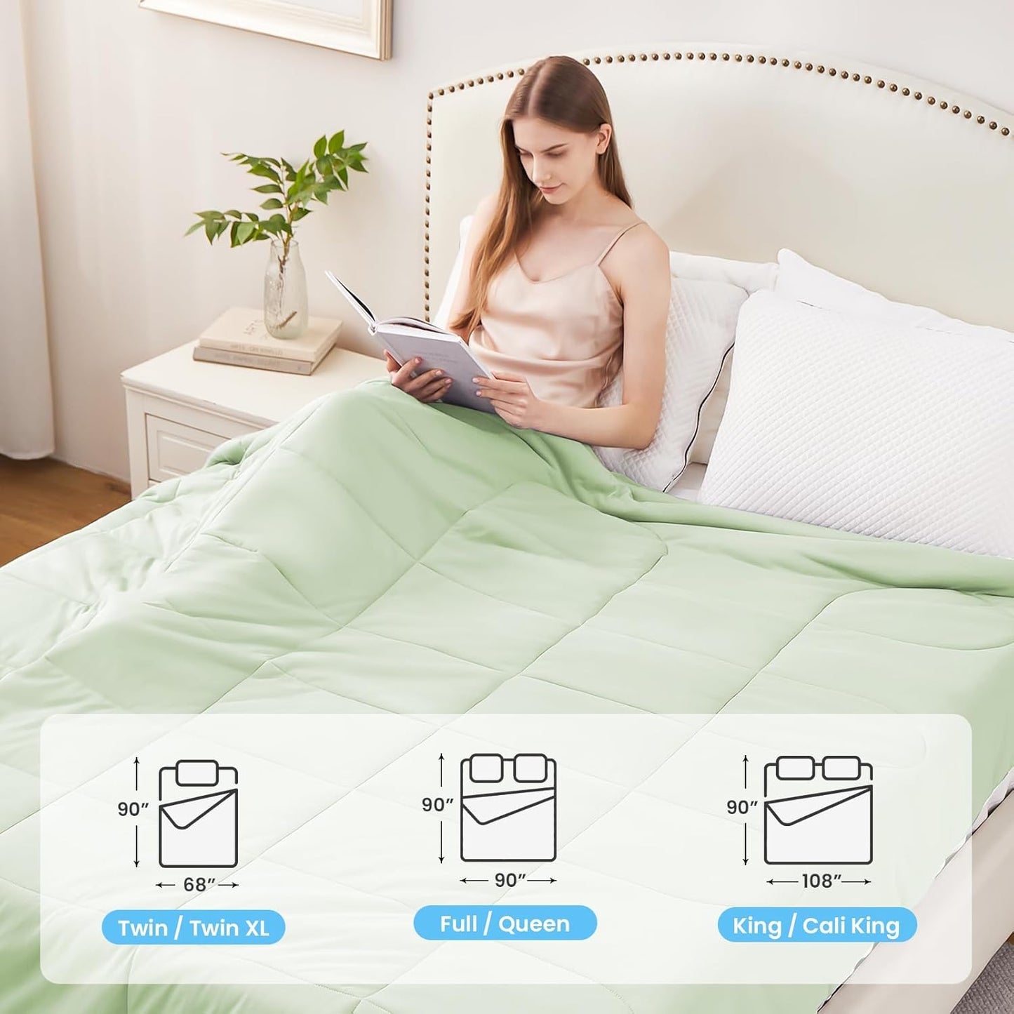 HYLEORY Cooling Comforter Twin Size - Summer Cooling Blanket for Hot Sleepers/Night Sweats, Double-Sided Cold Touch Silky Ice Comforters, Breathable Lightweight Beddings, Cool Green, 68"x90"