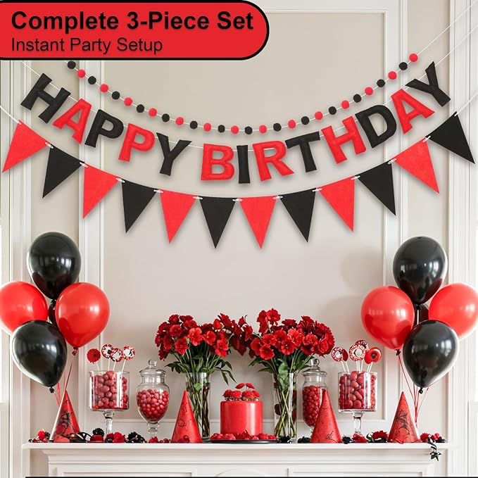 Pre-Strung Happy Birthday Banner & Felt Garland Set - Red & Black Birthday Decorations for Women Men Boys Girls | Reusable Party Supplies for Indoor & Outdoor