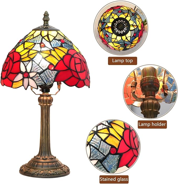 Tiffany Lamp - Red Rose Stained Glass Table Lamp 8x8x14 Inches - Red Rose Style Desk Reading Light - Bedroom & Living Room Decor