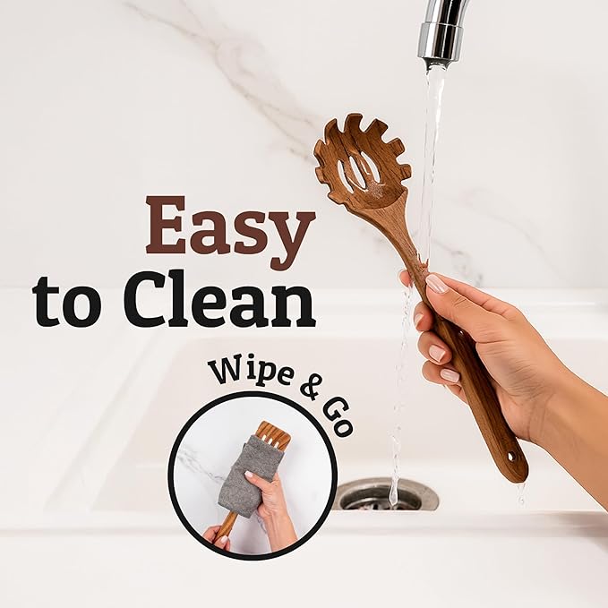 PriorityChef Wooden Pasta Spoon – Handcrafted Teak Wood Spaghetti Spoon Server for Stirring & Serving – Durable, Nonstick Safe, and Easy to Clean Utensil