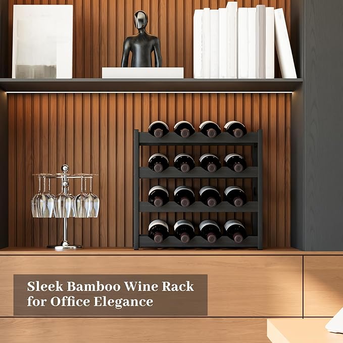 Wine Rack,Bamboo Wine Storage Cabinet Shelf,Countertop Wine Shelf- Freestanding Wine Holder for Kitchen & Pantry (Black, 4-Tier)