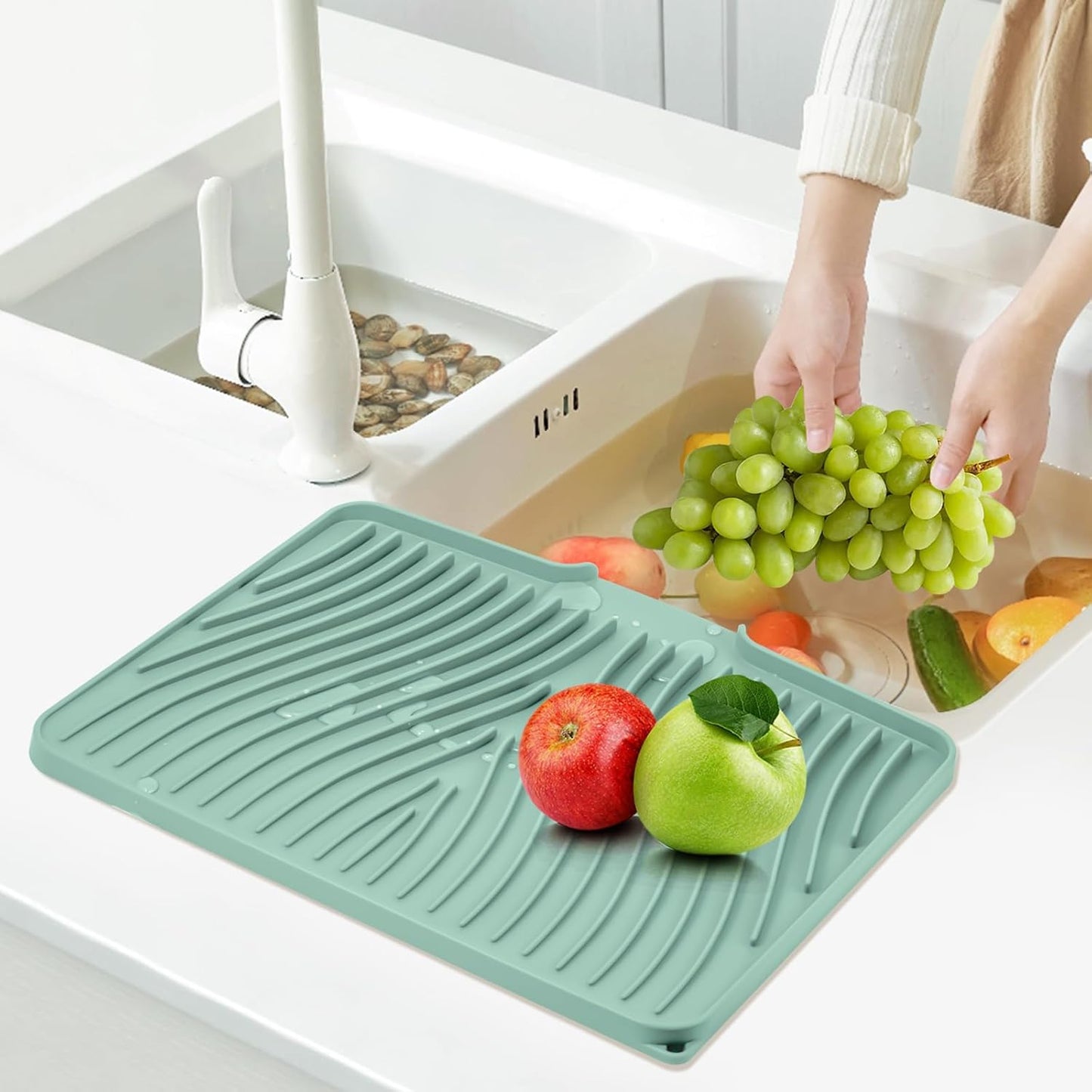 Dish Drying Mat, Stone Drying Mat for Kitchen Counter with Built-in Drain, Non-Slip Drying Matt Kitchen Counter, Heat Resistant Silicone Drying Mat, Dish Drying Pad, 2 Pcs(15.8"X 13", Mint)
