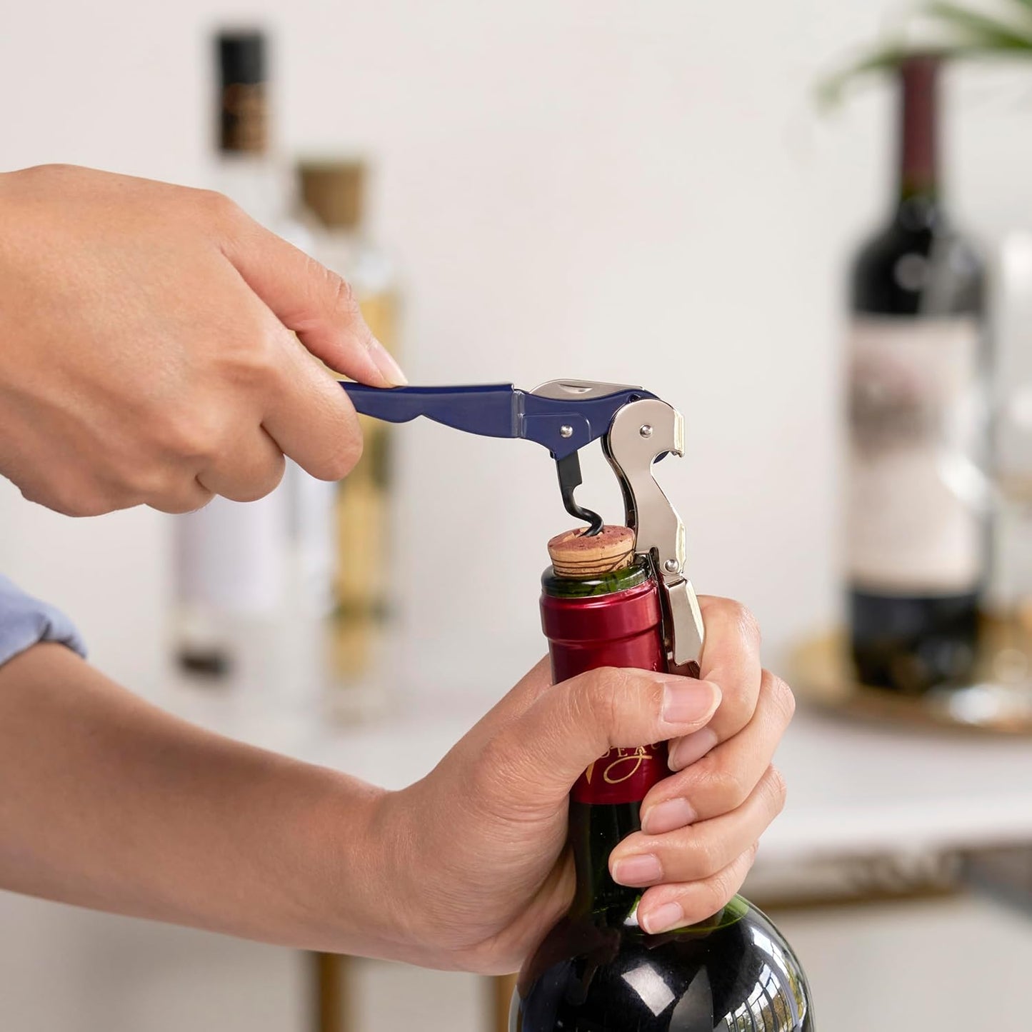True Brands TrueTap Double Hinged Waiters Corkscrew, Top-notch Stainless Steel Opener with Foil Cutter Built to Last Wine Key Navy Blue, Set of 1