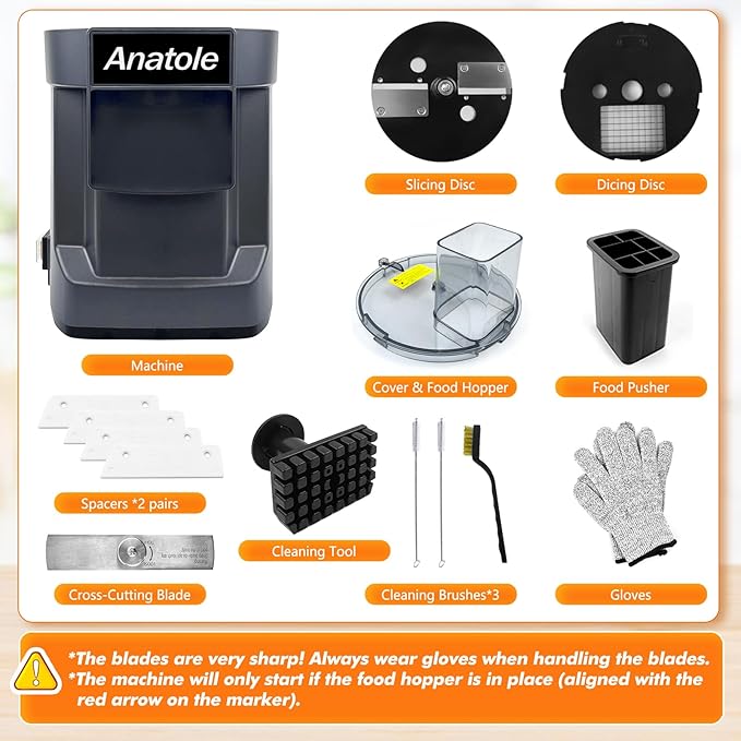 Anatole Electric Vegetable Dicer Slicer Commercial Food Processor Multifunctional Veggie Chopper Professional Heavy Duty Fruits Cutter with 2 Stainless Steel Blades for Carrot Potato Onion 100W 110V
