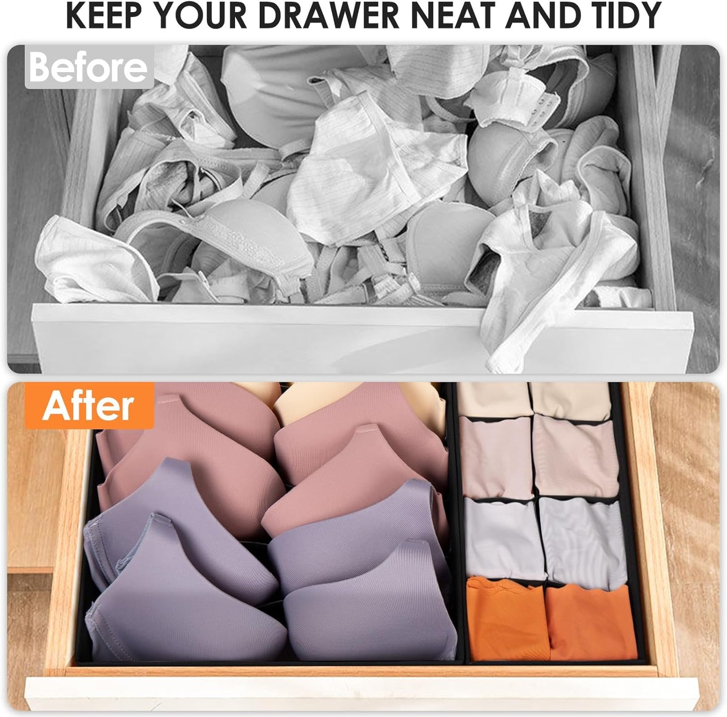 Drawer Organizer Clothes, 8 Pack Dresser Organizer Bins for Baby Clothes, Underwear Sock, Fabric Closet Organization and Storage Dividers for Nursery Bedroom (48 Compartments, Black)