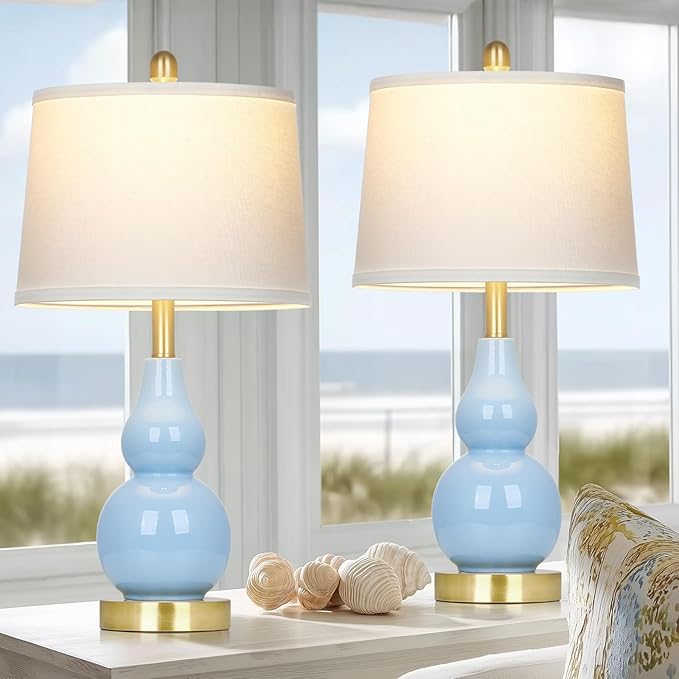 25" Modern Ceramic Table Lamps Set of 2, Blue Double Gourd Ceramic Lamps for Living Room, Coastal Farmhouse Rustic Bedside Nightstand Nautical Lamps for Bedrooms Home Office Dorm(2 LED Bulbs Included)