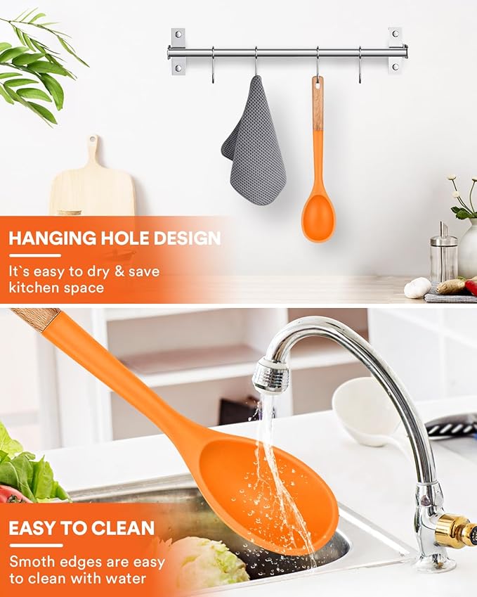 Large Silicone Cooking Spoons, Nonstick Solid Wooden Handle Spoon, Heat Resistan Silicone Kitchen Spoons for Cooking, Serving, Basting, Mixing, 13.2inch (ORANGE)