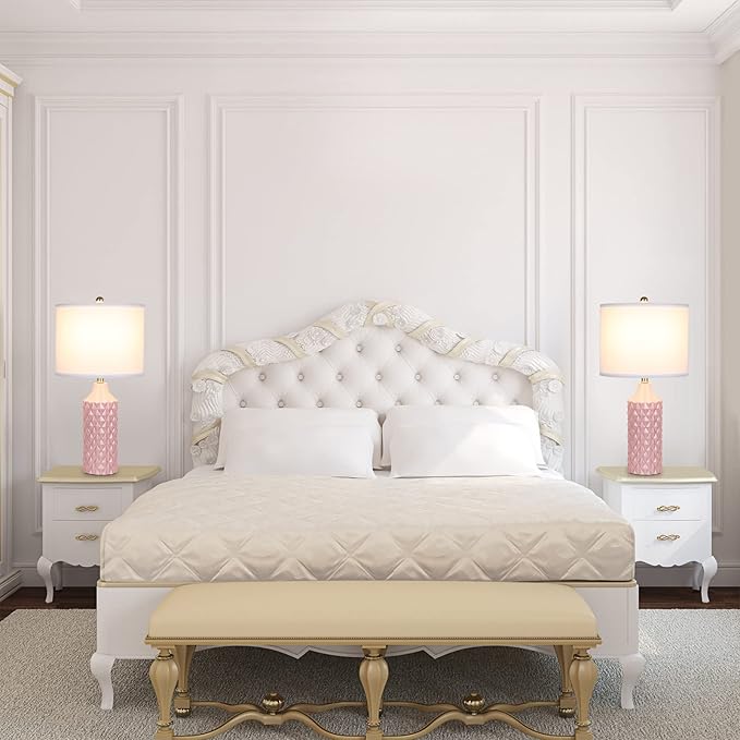 Modern Pink Ceramic Table Lamps Set of 2, 25" Nightstand Lamps with 3-Way Dimmable Bulbs for Bedroom & Living Room