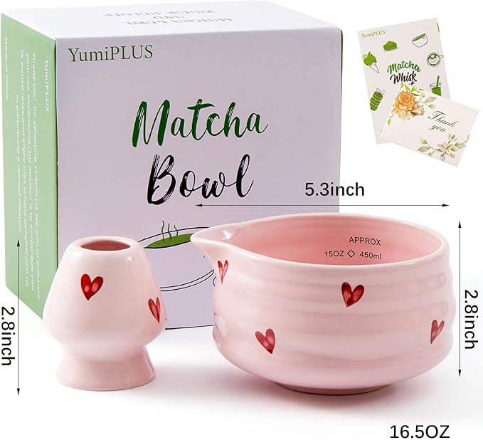 2pcs Matcha Bowl with Whisk Holder, Ceramic Pink Matcha Bowl with Spout, 16.5OZ Porcelain Bowl with Measurement Marks, Tea Mixing Bowl with Whisk Stand, Cute Matcha Gift Set (pink love)