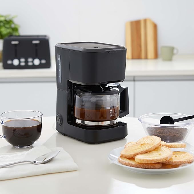 Amazon Basics 5 Cup Drip Coffee Maker, Coffee Machine with Glass Coffee Pot (0.8 Qt), Auto Shut-off, Auto Pause, Removable Filter Basket, Matte Black