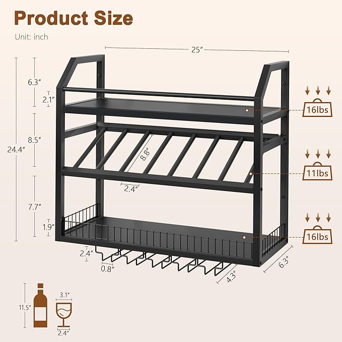 Hoctieon Wall Mount Wine Rack, Wall Mounted Wine Bottle Rack for Display and Storage, Hanging Bottle Holder, for Living Room, Dining Room, Bar, Wine Cellar, Black