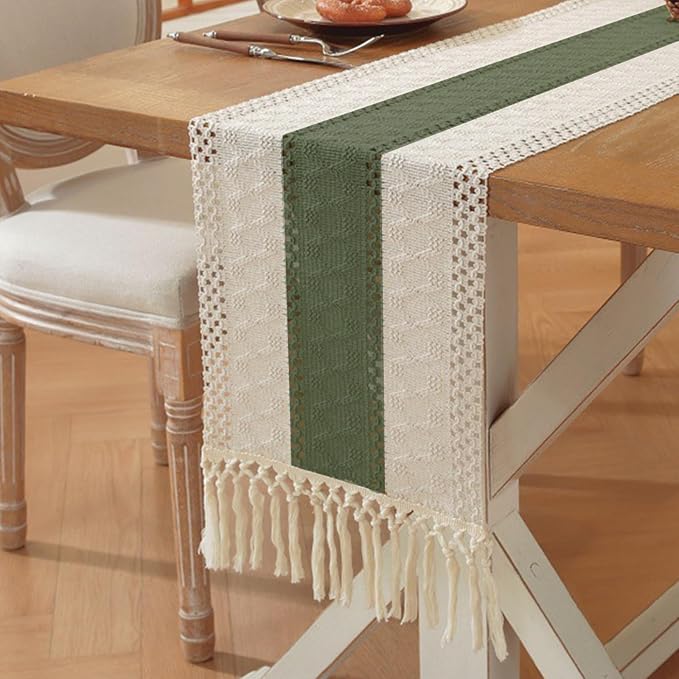 Niviy Dark Green Table Runner 90 Inches Long with Tassels, Seasonal Spring Summer Washable Embroidered Striped Braided Green and Beige Boho Table Runners for Holiday Party 12 x 90 Inches