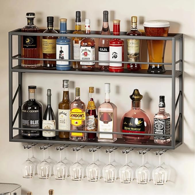 Wall Mounted Wine Rack with Glass Holder,Stylish Mini Floating Bar Shelves for Liquor Bottle Display in Dining Room, Kitchen, Living Room (47.2”W x 26”H x 7.8”D)