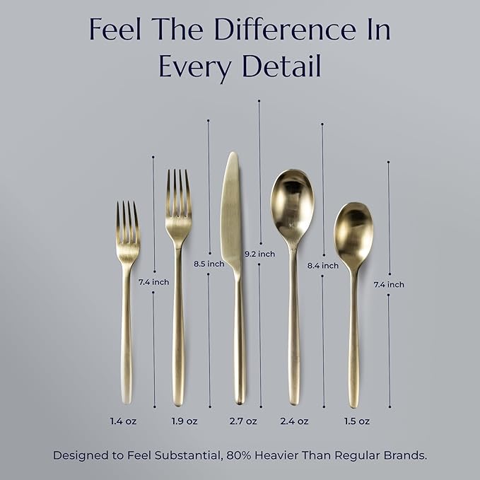 JazzUpCo Ava Flatware Flatware non toxic 18/10 stainless steel dishwasher safe (Matte Champagne Gold, 16 Person Set (80 Pieces))