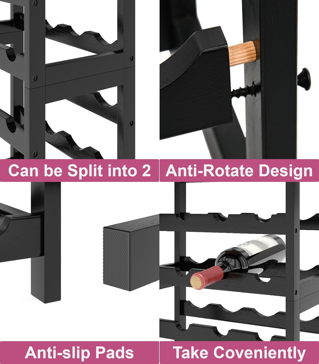 6 Tier Bamboo Wine Rack Freestanding Floor, 24 Bottles Wine Storage Shelves with Table Top, Stackable Wine Display Rack for Kitchen, Bar, Dining Room, Black