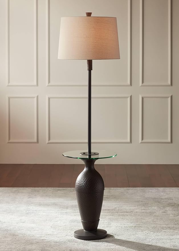 Regency Hill Fallon Industrial Floor Lamp with Tray Table USB and AC Power Outlet in Base 66" Tall Oil Rubbed Bronze Hammered Oatmeal Drum Shade for Living Room Reading House Bedroom Home