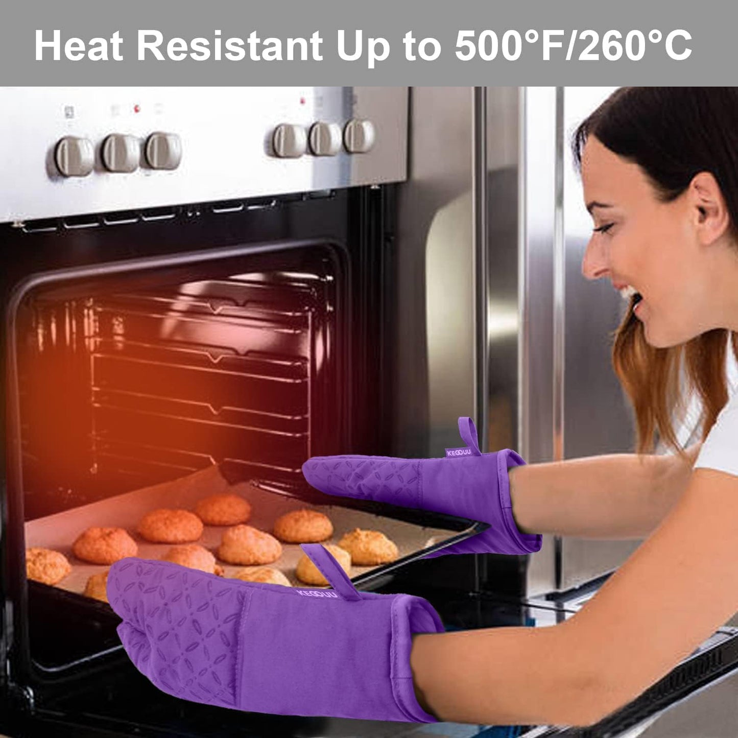 KEGOUU Oven Mitts and Pot Holders 6pcs Set, Kitchen Oven Glove High Heat Resistant 500 Degree Extra Long Oven Mitts and Potholder with Non-Slip Silicone Surface for Cooking (Purple)