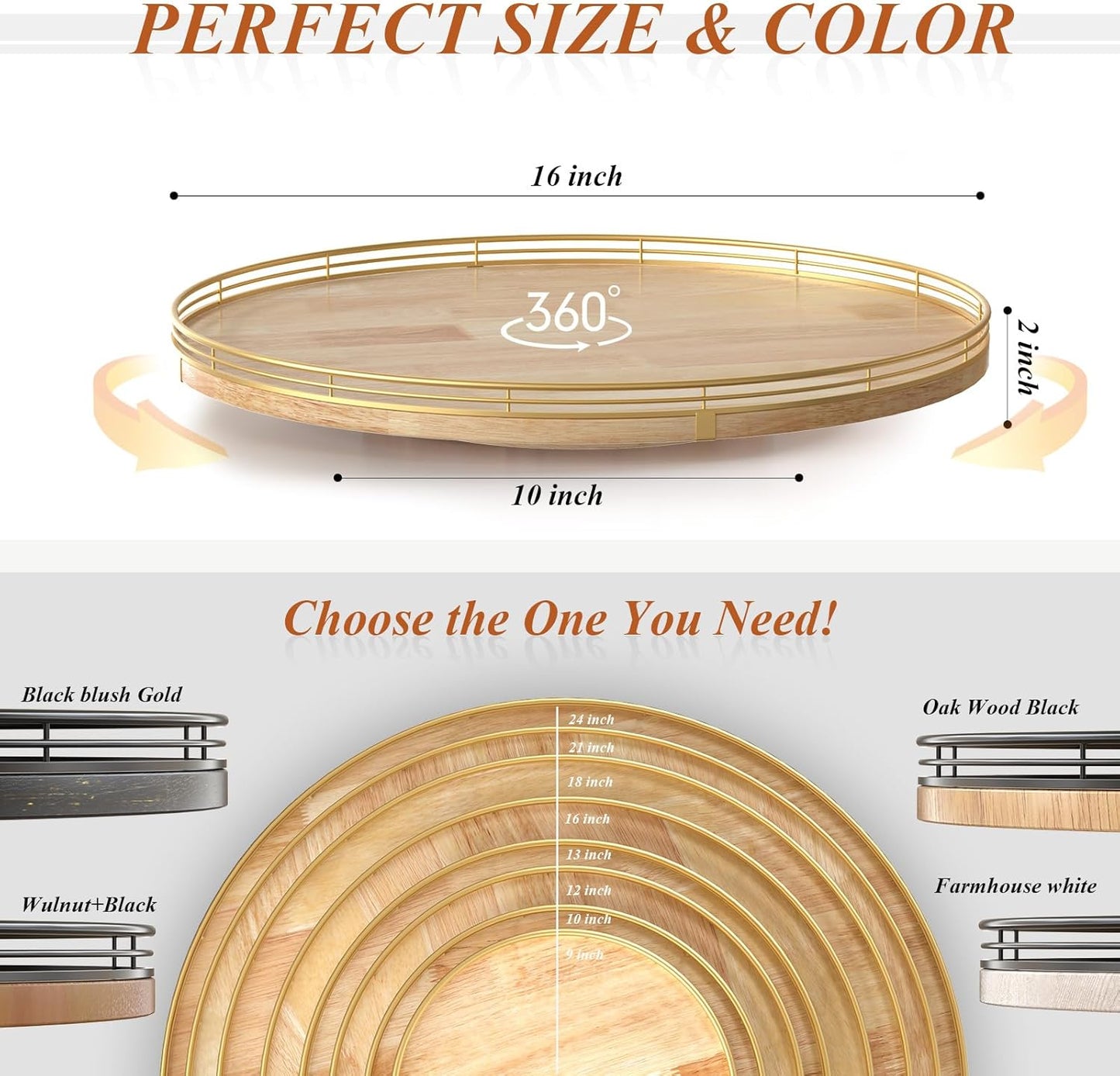 16 Inch Rustic Lazy Susan Turntable – Solid Oak & Iron Wood Rotating Tray for Dining Table, Kitchen Counter, Coffee Table – Farmhouse Style Large Wooden Lazy Susan Organizer for Home Décor