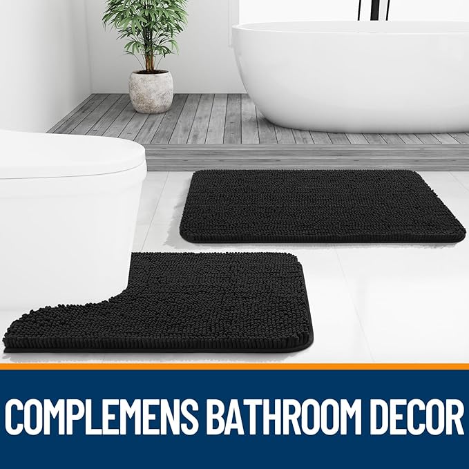 OLANLY Bathroom Rugs 59x35, Extra Soft Absorbent Chenille Bath Rugs, Rubber Backing Quick Dry, Machine Washable Bath Mats for Bathroom Floor, Tub and Shower, Home Decor Accessories, Black