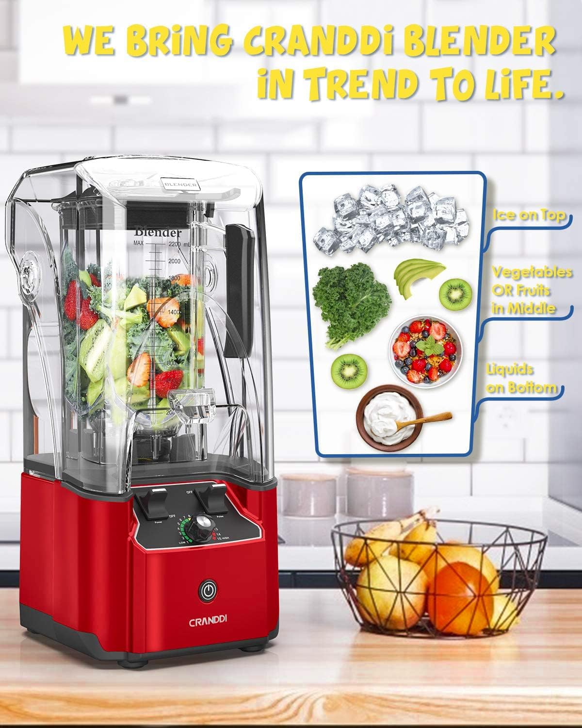 CRANDDI Quiet Commercial Blender with Soundproof Shield, 2200 Watt Professional Blenders for Kitchen with 80oz Pitcher and Self-Cleaning, High-Speed Blenders K90 Red