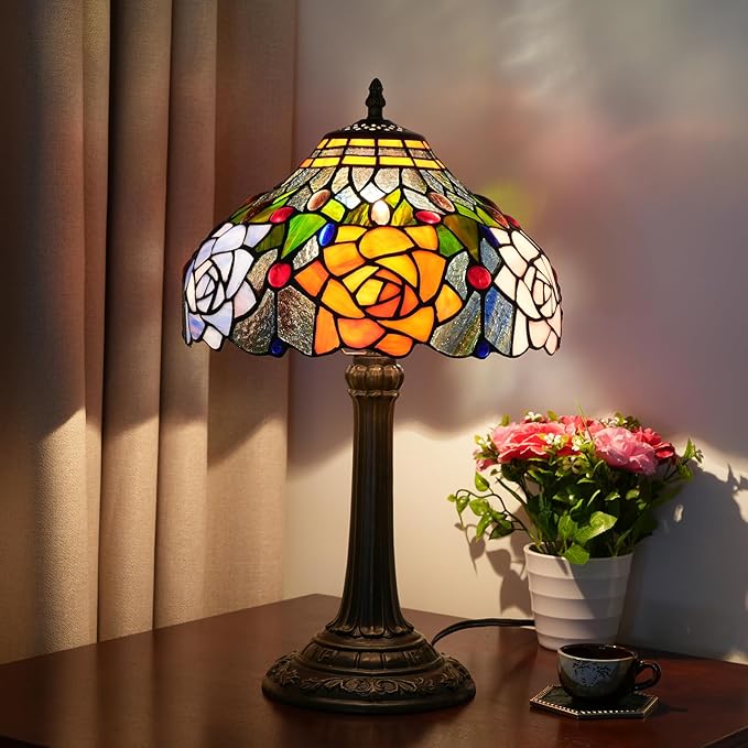 Tiffany Style Stained Glass Lamp Red Orange Purple Pink Rose Table Lamp Bedroom Bedside Reading Desk Light for Living Office Retro Unique Cute Accent Decor 12" Village Gift Nightstand Lamps