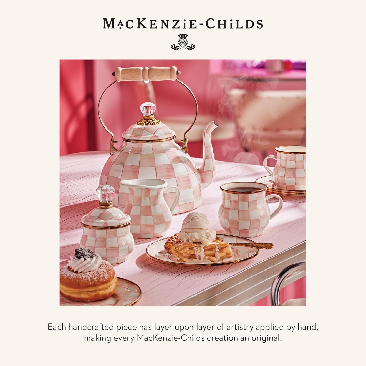 MACKENZIE-CHILDS Enamel Everyday Bowl, Serving Bowl for Entertaining, Small, Pink-and-White Rosy Check, Set of 1