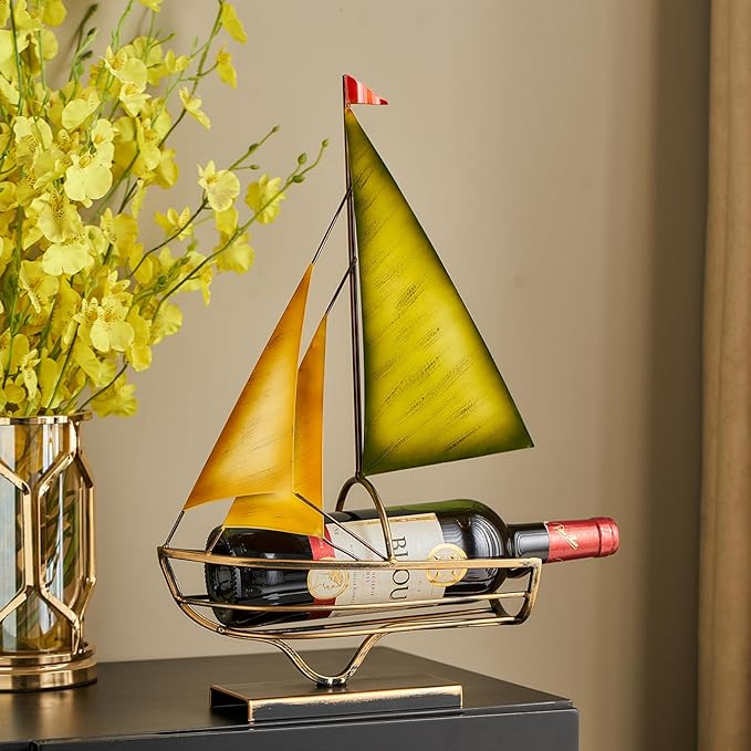 Metal Sailboat Wine Rack for Countertop – Decorative Wine Bottle Holder for Kitchen Bar Dining Table, Boat Sculpture Wine Stand Nautical Home Decor (Gold and Green)