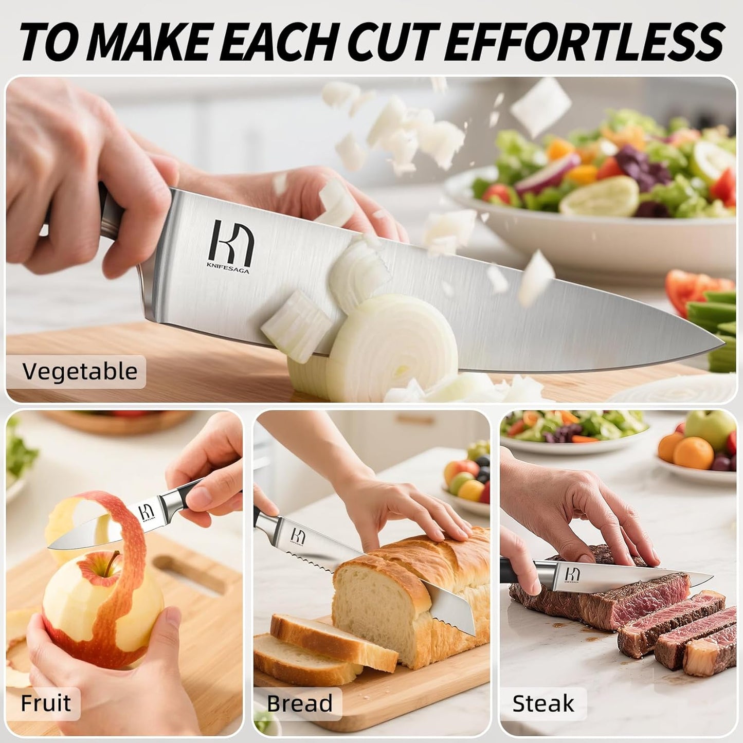 Knife Set 15 Pcs Japanese High Carbon Stainless Steel Kitchen Knife Sets with Block and Sharpener, Premium Razor Sharp Black Knives Block Set for Kitchen with Ergonomic Full-tang Handle