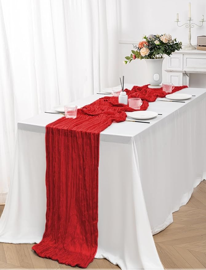12 Pack Red Table Runner 10FT Cheesecloth Table Runner 21 x 120 inch Boho Gauze Cheese Cloth Table Runner Rustic Sheer Table Runner for Party Wedding Bridal Baby Shower Christmas Table Decor