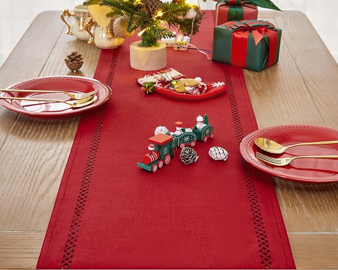 Burlap Style Farmhouse 13 x 60 Inch Red Table Runner, Rustic Geometric Hollow Christmas Table Runners 60 Inches Long for Winter Christmas Party Decorations, 13x60 Inches, Red