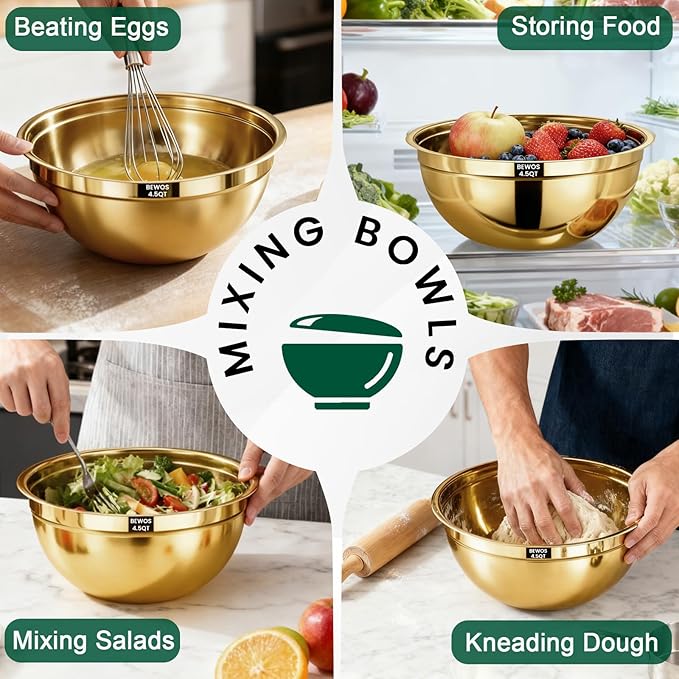 BEWOS 5PCS Mixing Bowls with Lids Set - 5 Stainless Steel Mixing Bowls, Dishwasher Safe, Ideal for Baking & Meal Prep, Stackable Design for Easy Storage