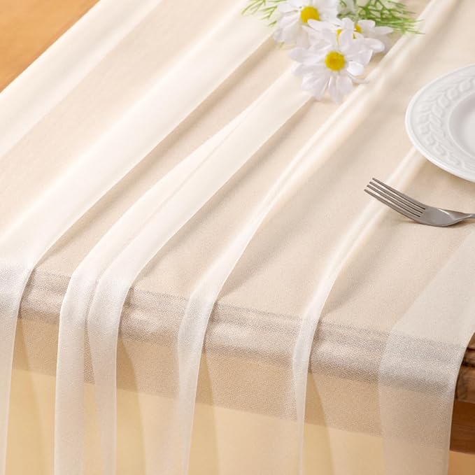 Socomi Cream White Gauze Table Runner Chiffon Like Wedding Table Runner 120 inches Long Boho Rustic for Bridal Shower Decorations Baby Shower