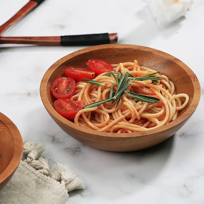 Acacia Wood Serving Bowls, 6 Inch Handcrafted Wooden Individual Bowls Set of 2 for Food/Soup/Salad/Pasta, Use as Snack Holder Plate for Kitchen and Dining