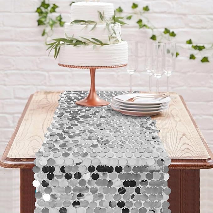 12 x 108 Inch Silver Sequin Table Runner Glitter Rectangle Big Sequin Table Runner for Wedding Party Birthday Christmas Halloween Decoration (1 Pack)