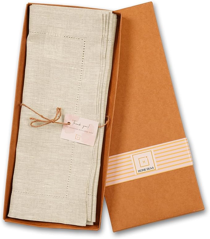 Home Ekaa Linen Light Natural Table Runner 90 Inches - 100% Pure Linen Cloth Fabric Hemstitch Table Runner 14 x 90 Inch for Dining, Dresser, Thanksgiving, Fall Christmas - Lino