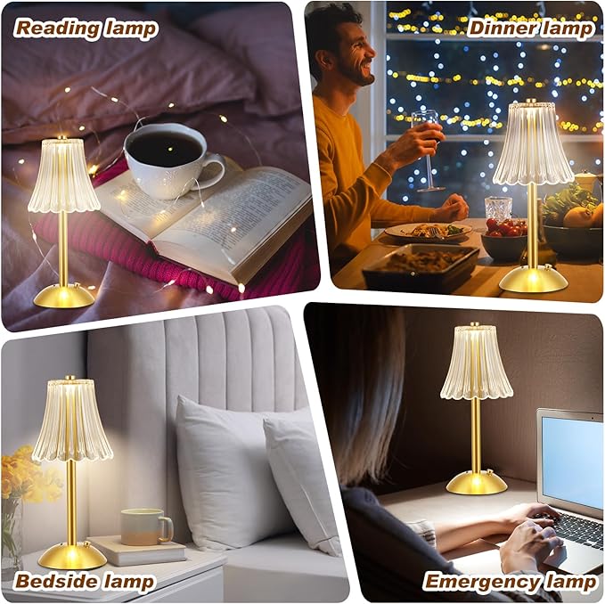 Liliful 8 Pcs Cordless Table Lamp Rechargeable Touch LED Small Gold Portable Battery Operated USB-c Desk Lamp 3 Color Dimmable for Bedroom Living Room Dining (Gold,Rose Style)
