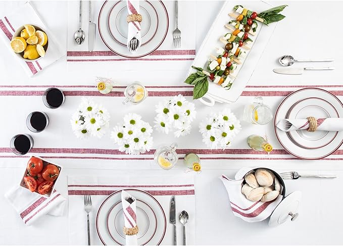 Solino Home Linen Table Runner 72 Inches Long - 100% Pure Linen Burgundy and White French Stripe Table Runner 14 x 72 Inch for Dining, Dresser, Christmas, New Year