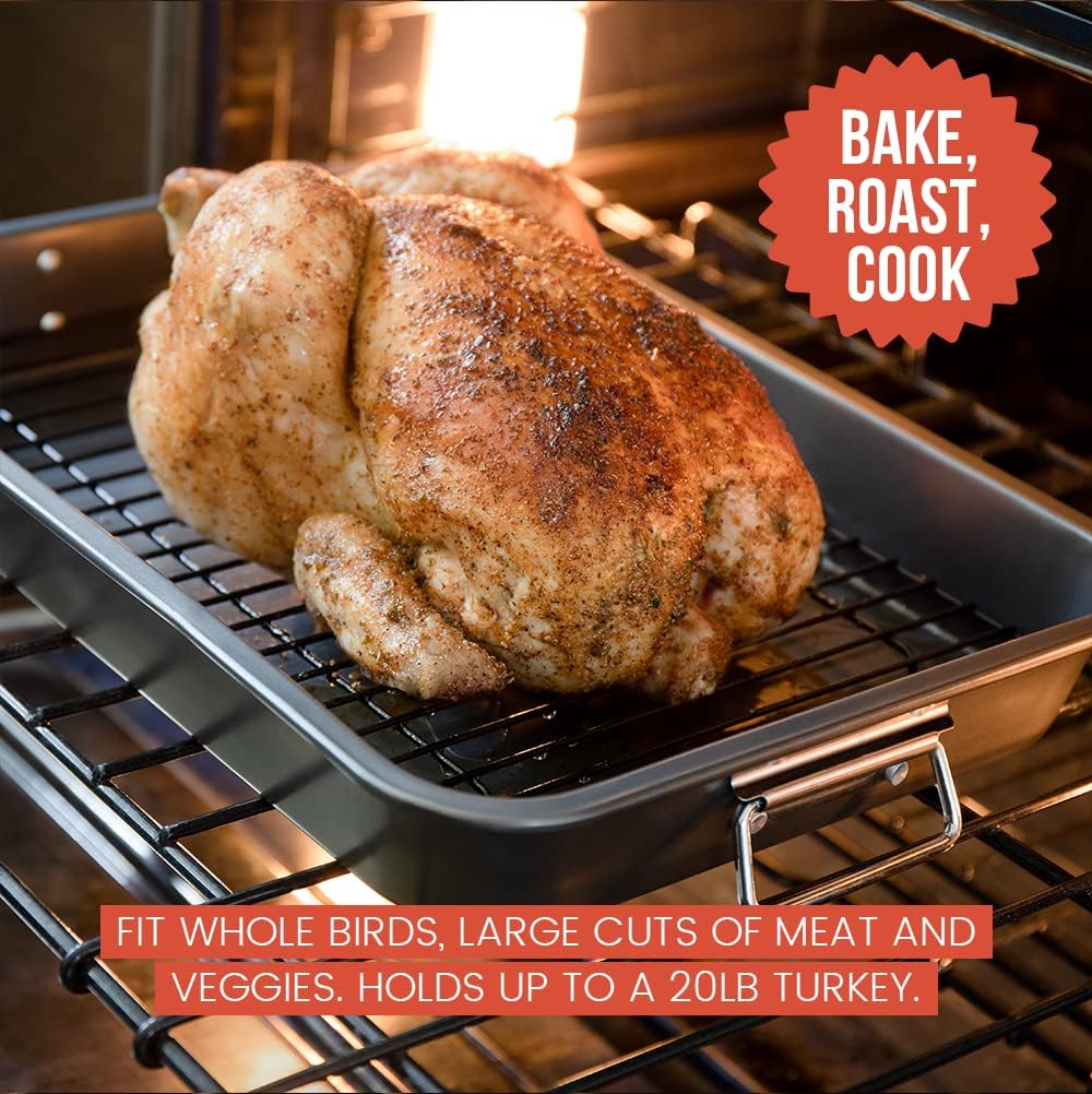 Chef Pomodoro Nonstick Carbon Steel Large Roasting Pan with Rack, Turkey Roasting Pans for Oven, Roaster Pan with Flat Rack, Turkey Pan for Oven, Bakeware Grey