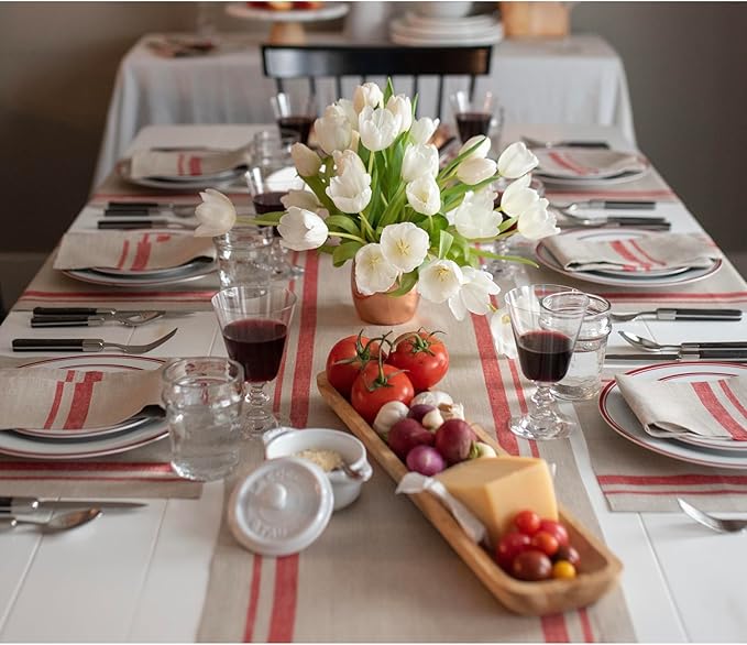 Solino Home Linen Table Runner 72 Inches Long - 100% Pure Linen Red and Natural French Stripe Table Runner 14 x 72 Inch for Dining, Dresser, Winter, Christmas, Holiday, New Year