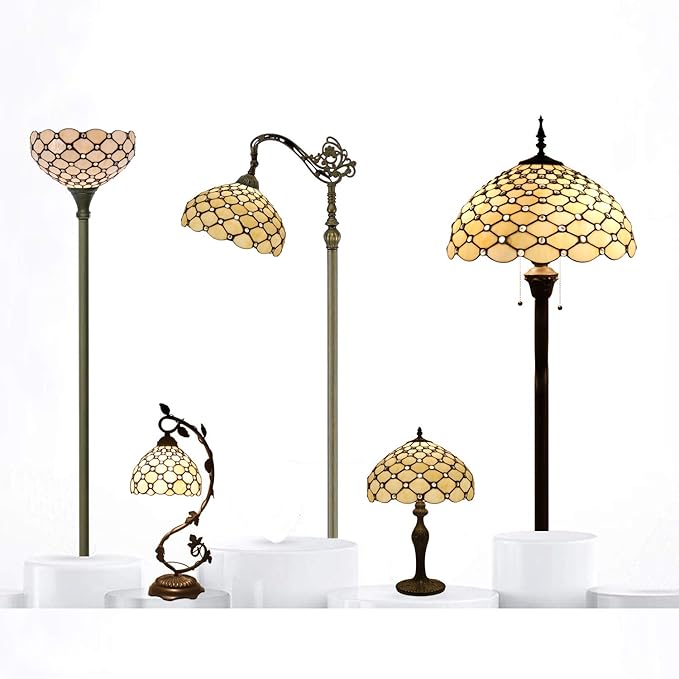 WERFACTORY Tiffany Table Lamp Cream Stained Glass Pearl Style Desk Light with Metal Leaf Base 8X10X21 Inches Decor Small Space Bedroom Home Office S005 Series