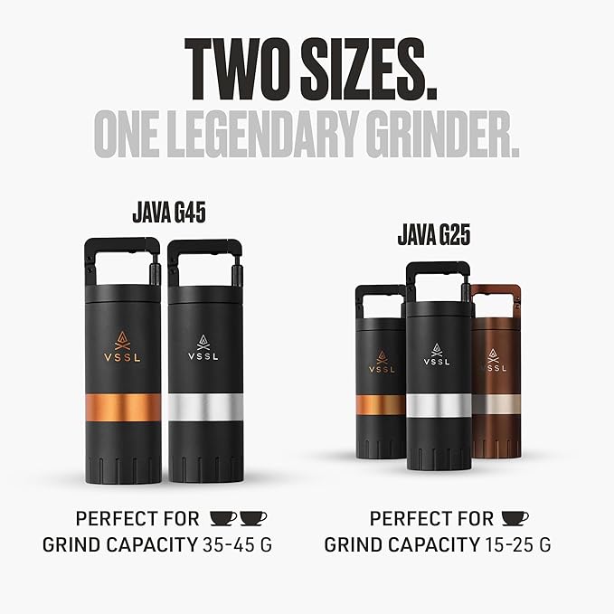 VSSL Java G45 Manual Coffee Grinder | Coffee for Camping | Bean Grinder | Travel Pour Over | Stainless Steel Conical Burr | ~ 45 Gram Capacity | Extendable Grind Handle | 50 Grind Settings | Black