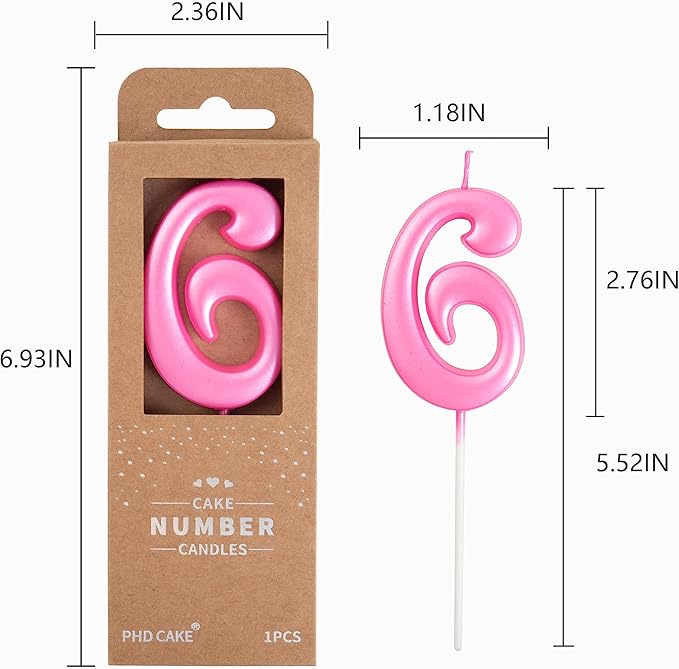 PHD CAKE 2.76 Inch Elegant Pink 6 Number Birthday Candles, Pink Number Candles, Cake Number Candles, Party Celebration