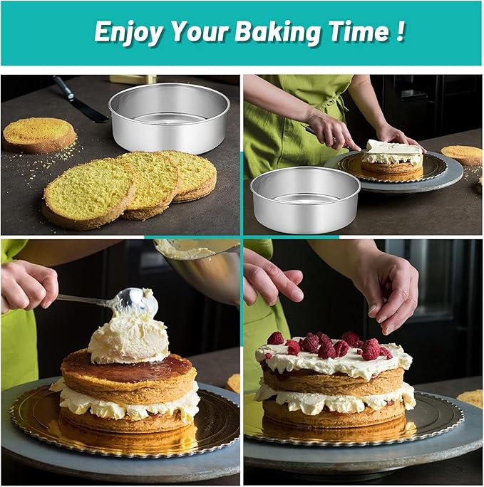 TeamFar Cake Pans, 2 PCS Stainless Steel Round 8 x 3 Inch Deep Baking Cake Pans for Wedding Birthday Party, Non-Toxic & Heavy Duty, Deep Wall & Straight Side, Dishwasher Safe