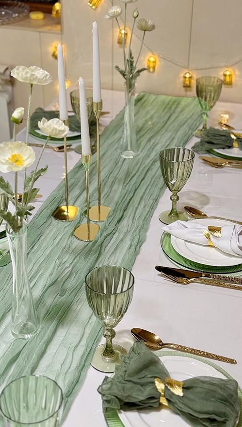 20 Pack Cheesecloth Table Runner Sage Green, Rustic Boho Gauze Fabric Table Runner Romantic Table Runner For Wedding, Festival, Birthday, Anniversary, Dinner and Outdoor Events (17.7 x 108 inch)
