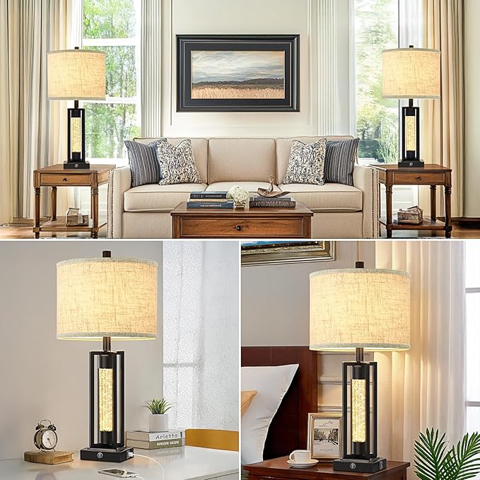 TOBUSA 26’’ Farmhouse Table Lamp for Living Room, Vintage Crystal Nightstand Lamp with 2 USB Ports, Rustic Bedside Lamp with Fabric Shade, Modern Black Desk Lamp with Crystal Night Light for Bathroom
